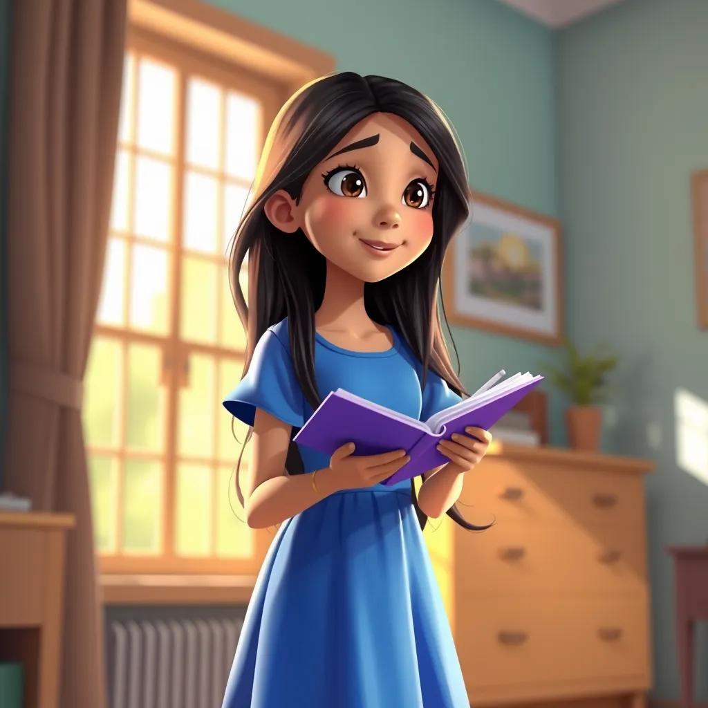 A young girl, Layan, with long, dark hair in a bright blue dress, having a brilliant idea while writing notes, in a bright sunny room, light streaming in through the window, digital art, optimistic mood, warm colors, high quality