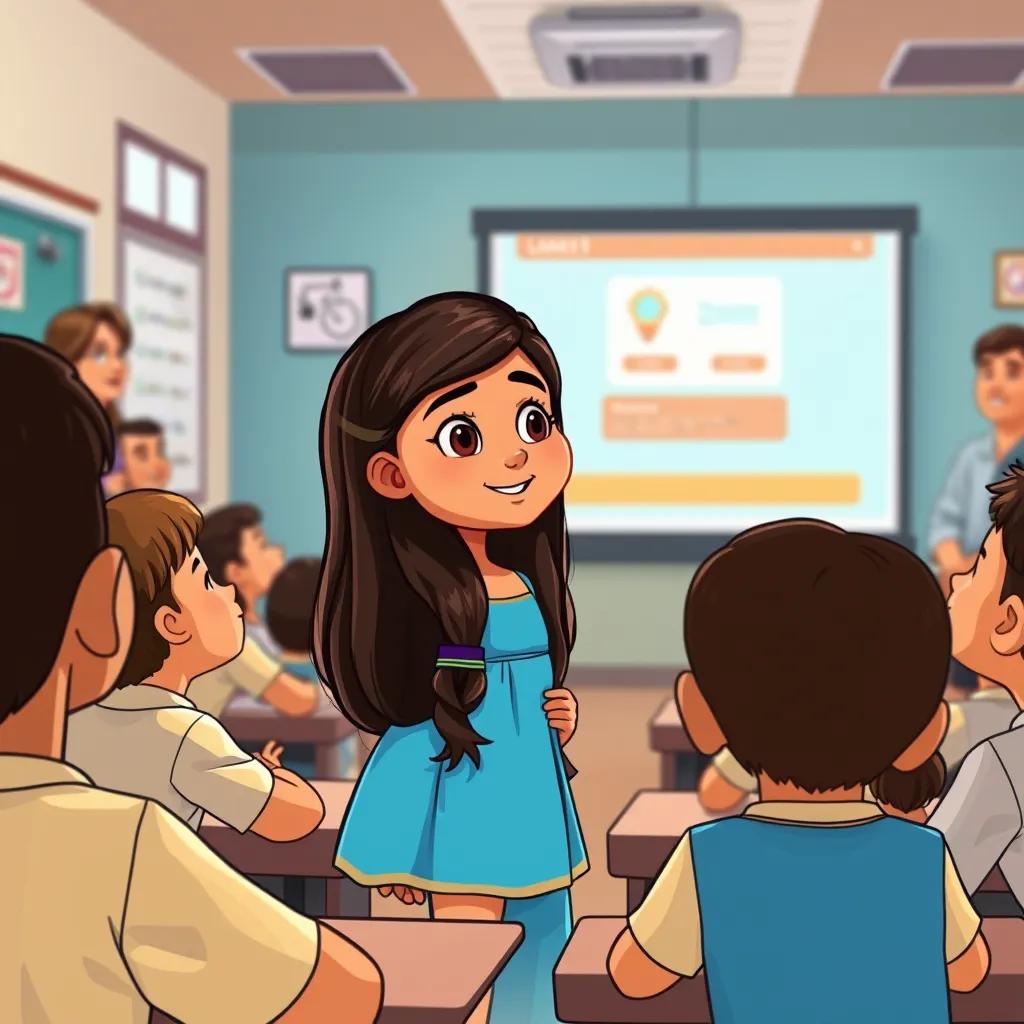 Layan, a 12-year-old girl with long, dark hair in a bright blue dress, presenting her app idea in front of classmates and teachers, with a projector showing her app on a screen, excited expressions all around, illustration, inspiring atmosphere, high quality