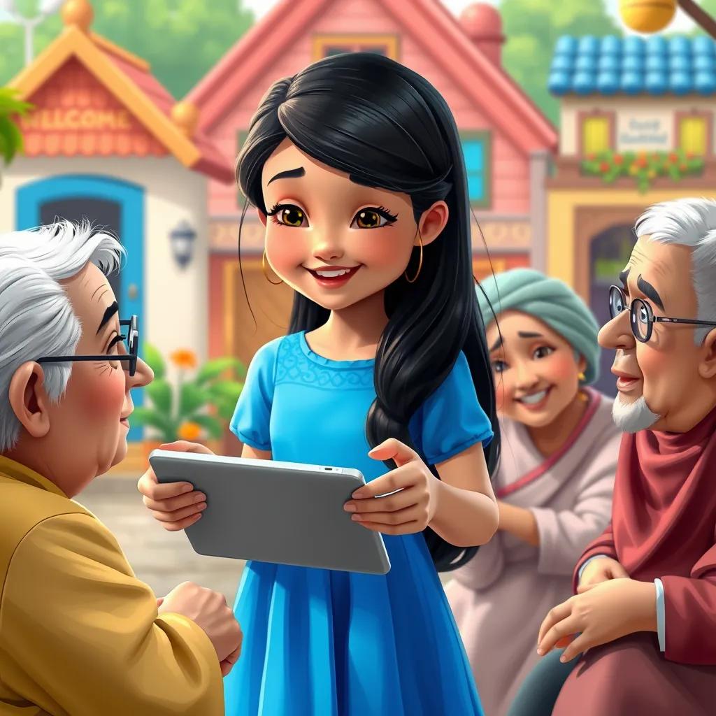Layan, a 12-year-old girl with long, dark hair in a bright blue dress, happily interacting with elderly people in the community using her app on a tablet, colorful and welcoming neighborhood background, digital painting, heartwarming scene, vibrant colors, high quality