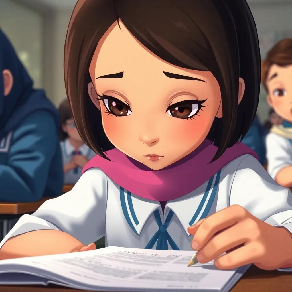 A close-up of Sara, a young Arab girl with short dark hair and a school uniform, focused on her exam paper, with a thoughtful expression, pen moving over the page, surrounded by desks, soft light illuminating her face, illustration, whimsical and engaging, high detail, high quality