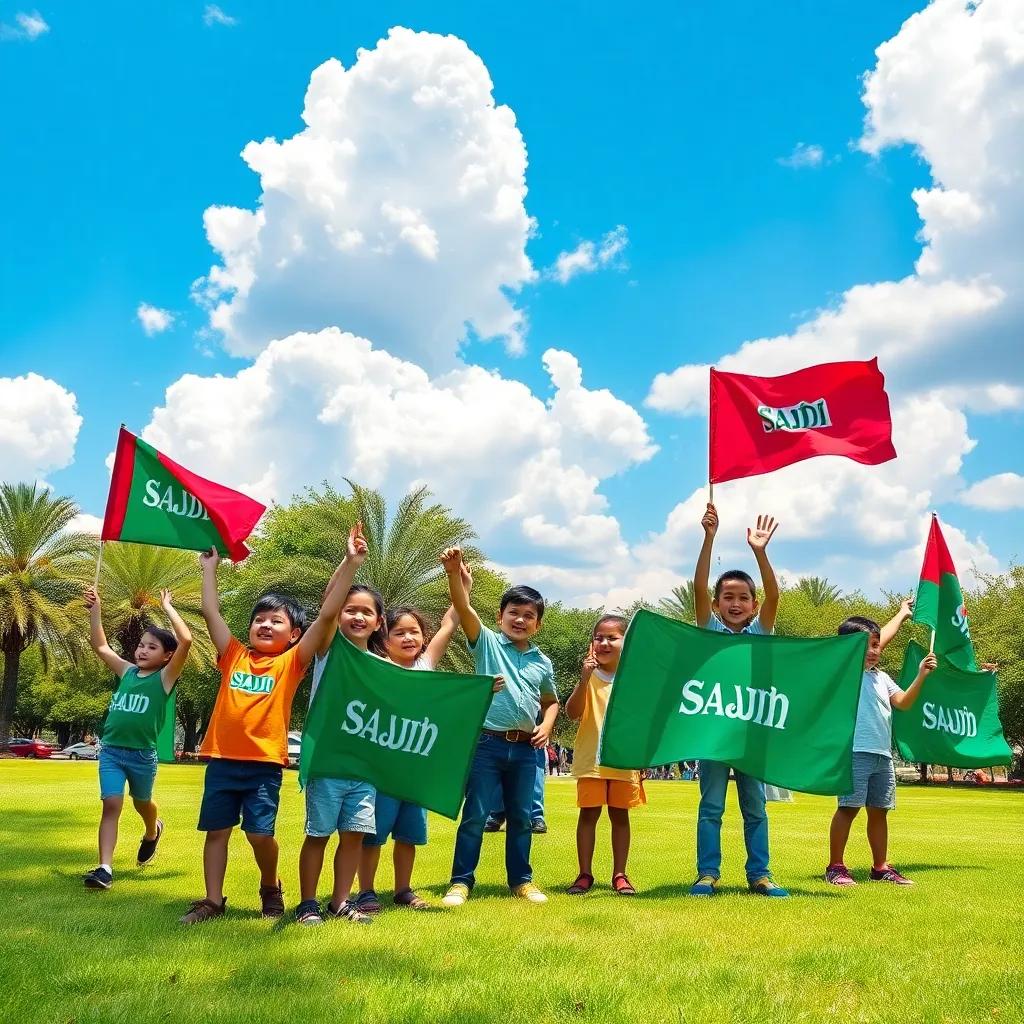 A sunny park with children celebrating Saudi Founding Day, joyful children holding flags, bright blue sky with fluffy white clouds, digital art, vibrant colors, cheerful atmosphere, high quality