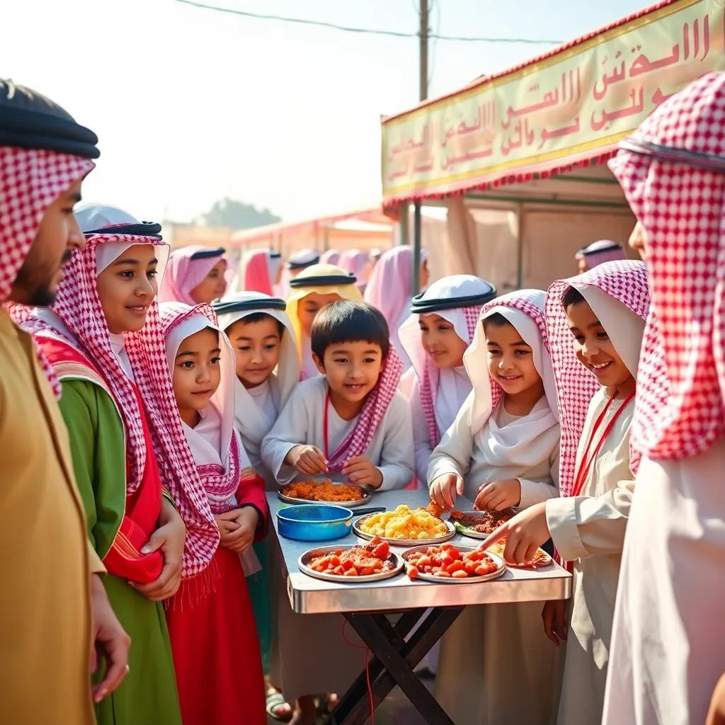 Children wearing traditional Saudi clothes gathering around a food stall with delicious dishes, smiling and playing games, colorful traditional attire, engaging setting, bright sunlight, festival spirit, high quality