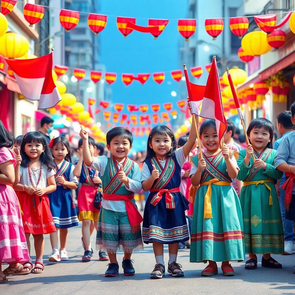 A lively scene of children celebrating the Founding Day, wearing traditional clothes and holding flags, colorful decorations in the street, joyful atmosphere, festive, digital art, vibrant colors, cheerful ambiance, high quality