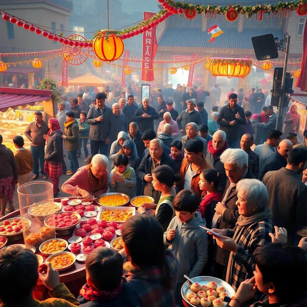A large gathering of people in a festive square, with delicious food and colorful decorations, children laughing and enjoying sweets, elders sharing stories, warm light, inviting atmosphere, storytelling view, high quality