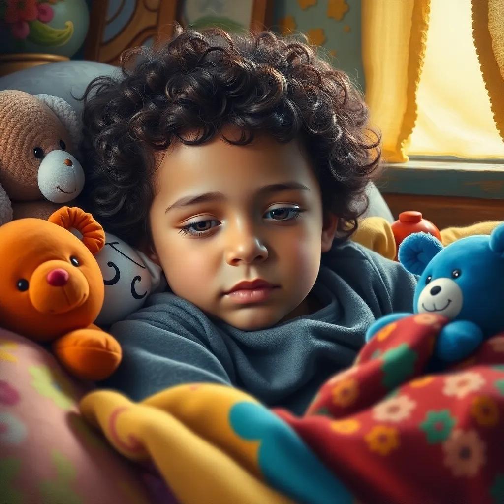 A child, a young Arab boy with curly hair and bright eyes, sleeping in a cozy room with stuffed toys and colorful blankets, warm light, peaceful atmosphere, high quality