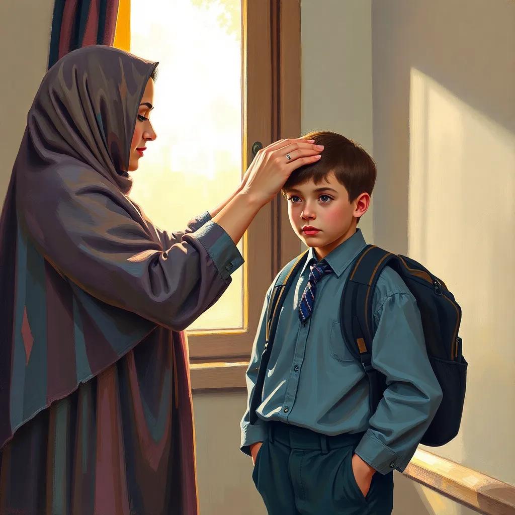A young Arab boy getting ready for school, wearing a new outfit, his mother gently fixing his hair, sunlight streaming through the window, intimate and warm scene, detailed