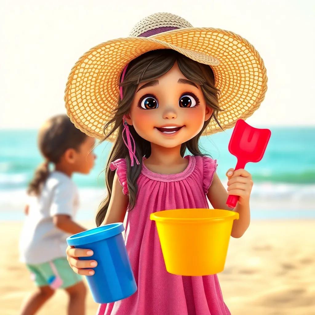 A young Arab girl, LouLoua, with long hair wearing a pink dress and a big sun hat, holding a small bucket and shovel, excitedly speaking to her siblings, sunny beach background, digital art, warm colors, cheerful atmosphere, high quality