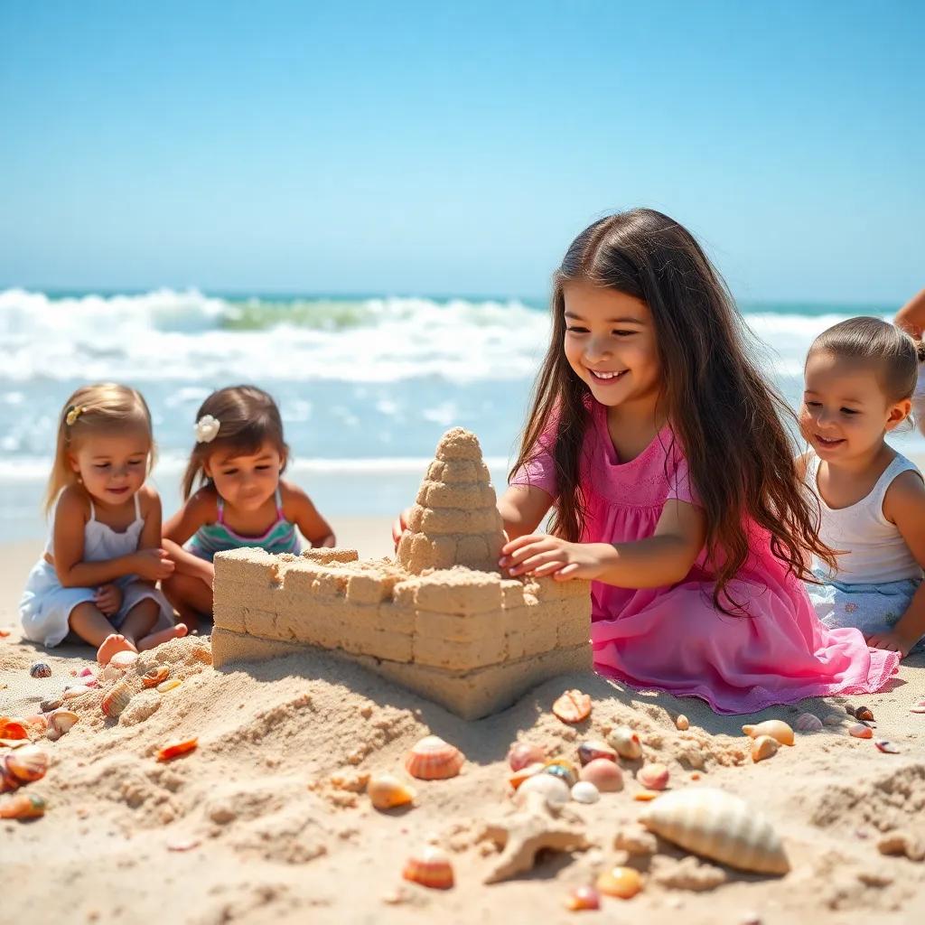 LouLoua, a young Arab girl with long hair in a pink dress, joyfully building a sandcastle with her siblings at a sunny beach with waves crashing, colorful seashells scattered around, bright blue sky, details, fun, child-friendly