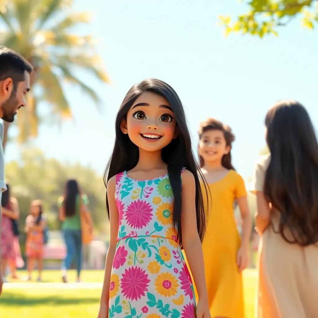 A young Arabic girl, Lina, with long black hair and wearing a colorful dress, standing in a sunny park with her friends, smiling and saying hello, digital art, bright colors, warm light, joyful atmosphere, high quality