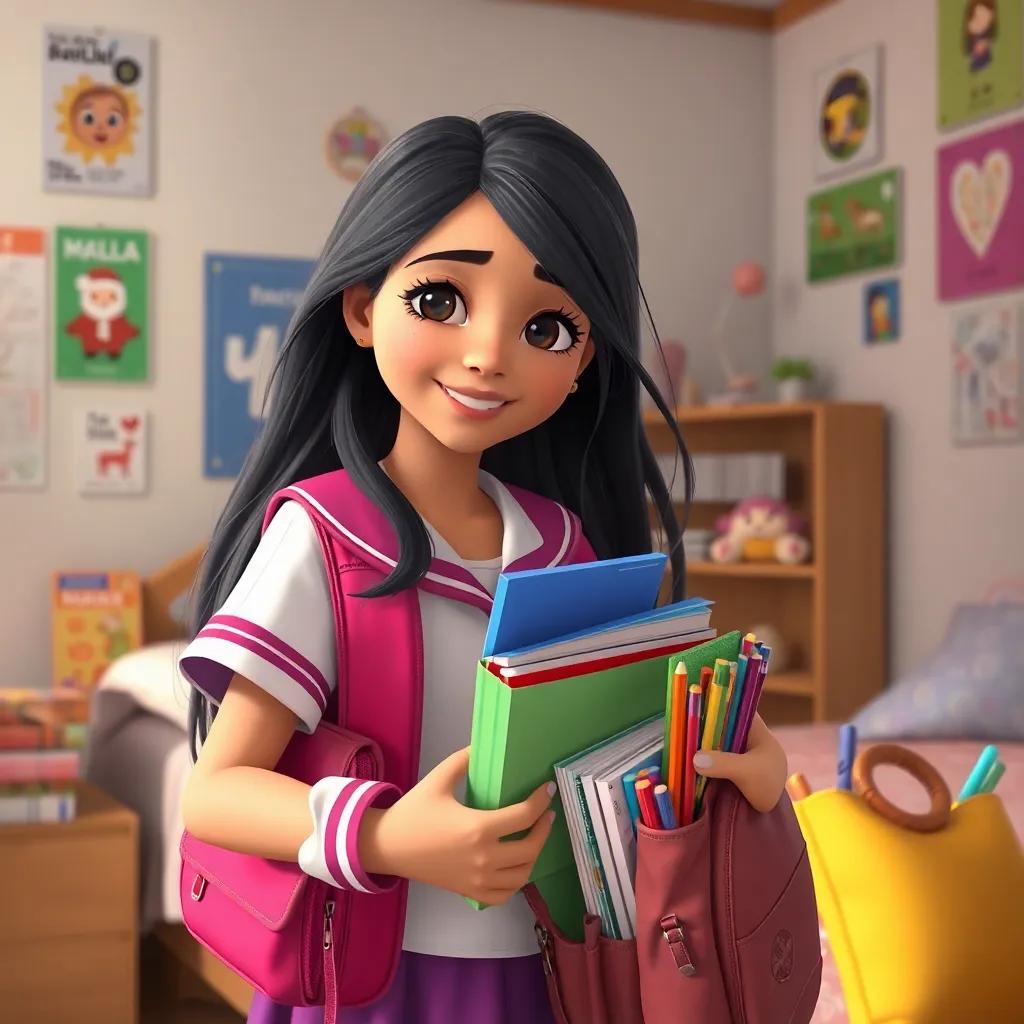 "Noura, a young Arab girl, with long dark hair wearing a bright school uniform, enthusiastically arranging her school backpack with textbooks and colorful stationery, in a cozy bedroom with posters on the walls, detailed digital art, pastel colors, cheerful atmosphere, high quality"