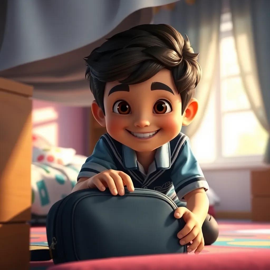 "Mounzer, a young Arab boy, searching under his bed for his school bag, wearing a neat school uniform with a bright smile, soft sunlight coming through the window, colorful bedroom, playful mood, engaging detail, high quality"