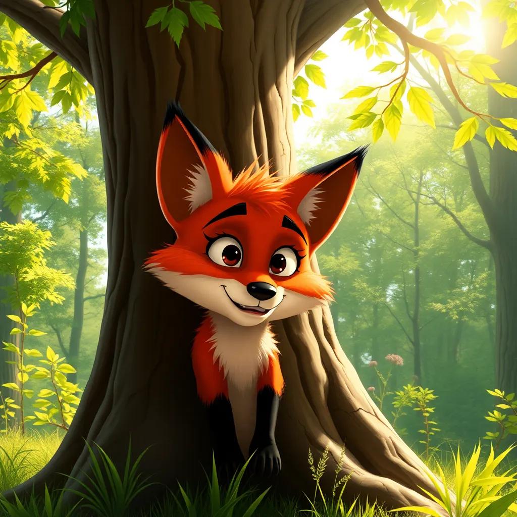 A cunning fox hiding behind a big tree in a sunny forest, murmuring to himself, expressive eyes, mischievous expression, bright sunlight filtering through leaves