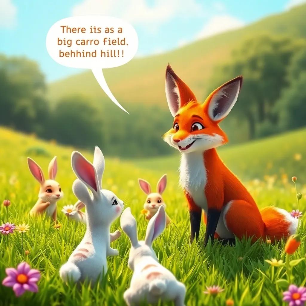 A friendly fox approaching playful rabbits in a lush green meadow, saying: "There is a big carrot field behind the hill!". Bright and colorful scene, lively atmosphere