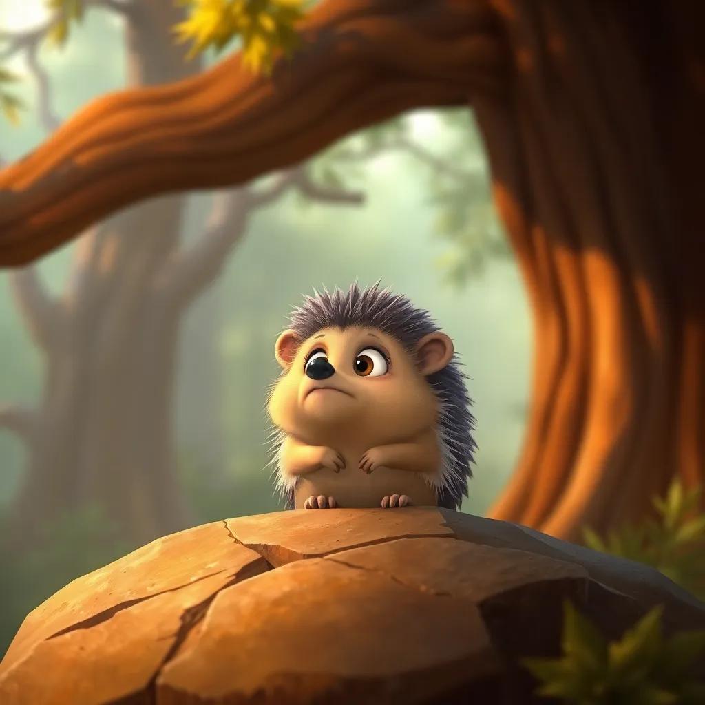 A wise hedgehog watching from a distance, looking concerned, sitting on a rock, detailed forest background, warm colors, suspenseful feel
