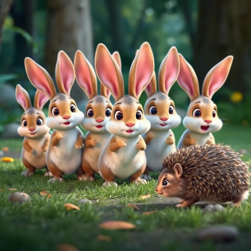 A startled group of rabbits stopping in mid-step, with wide eyes, looking at the hedgehog, surprised expressions, vibrant nature scene