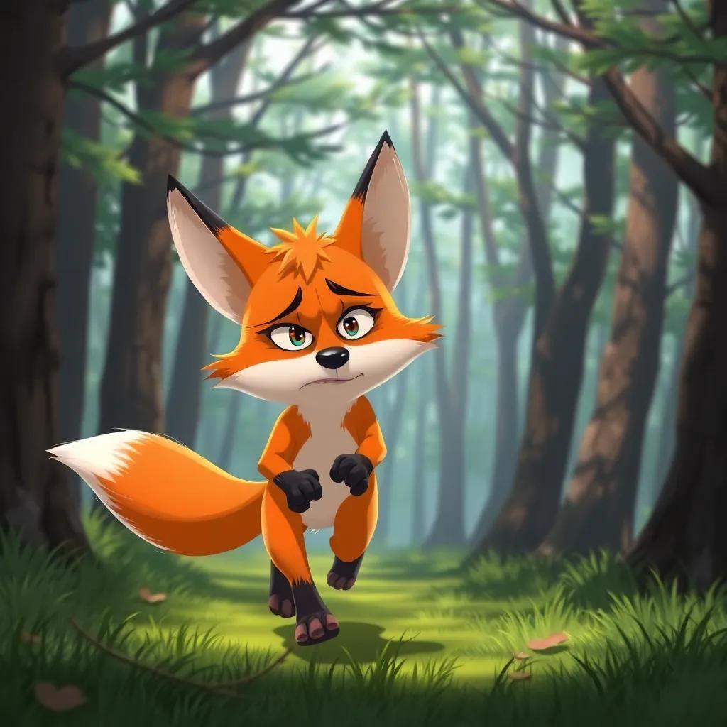 A fox running away angrily through the forest, with a frustrated expression, trees moving in the wind, bright colors