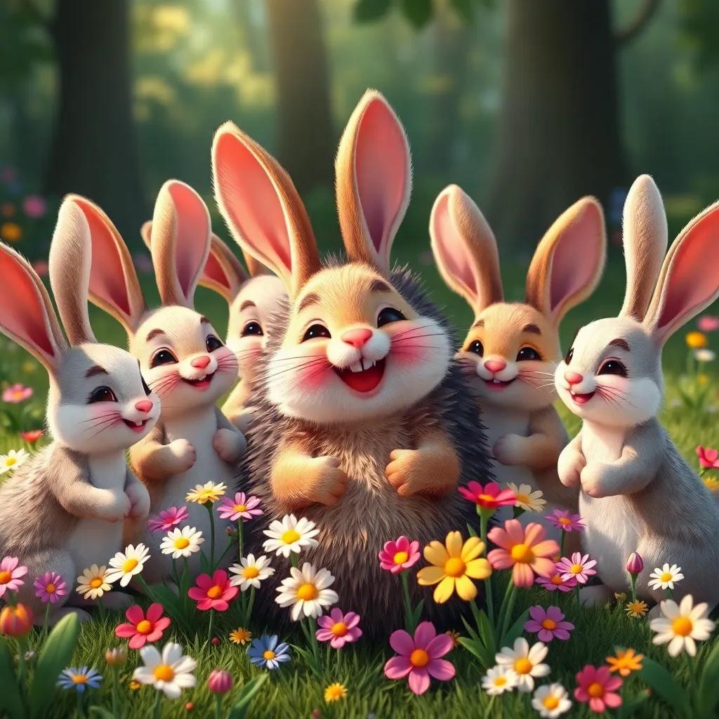 A group of happy rabbits gathered around the hedgehog, expressing thanks, colorful flowers around them, joyful and grateful scene
