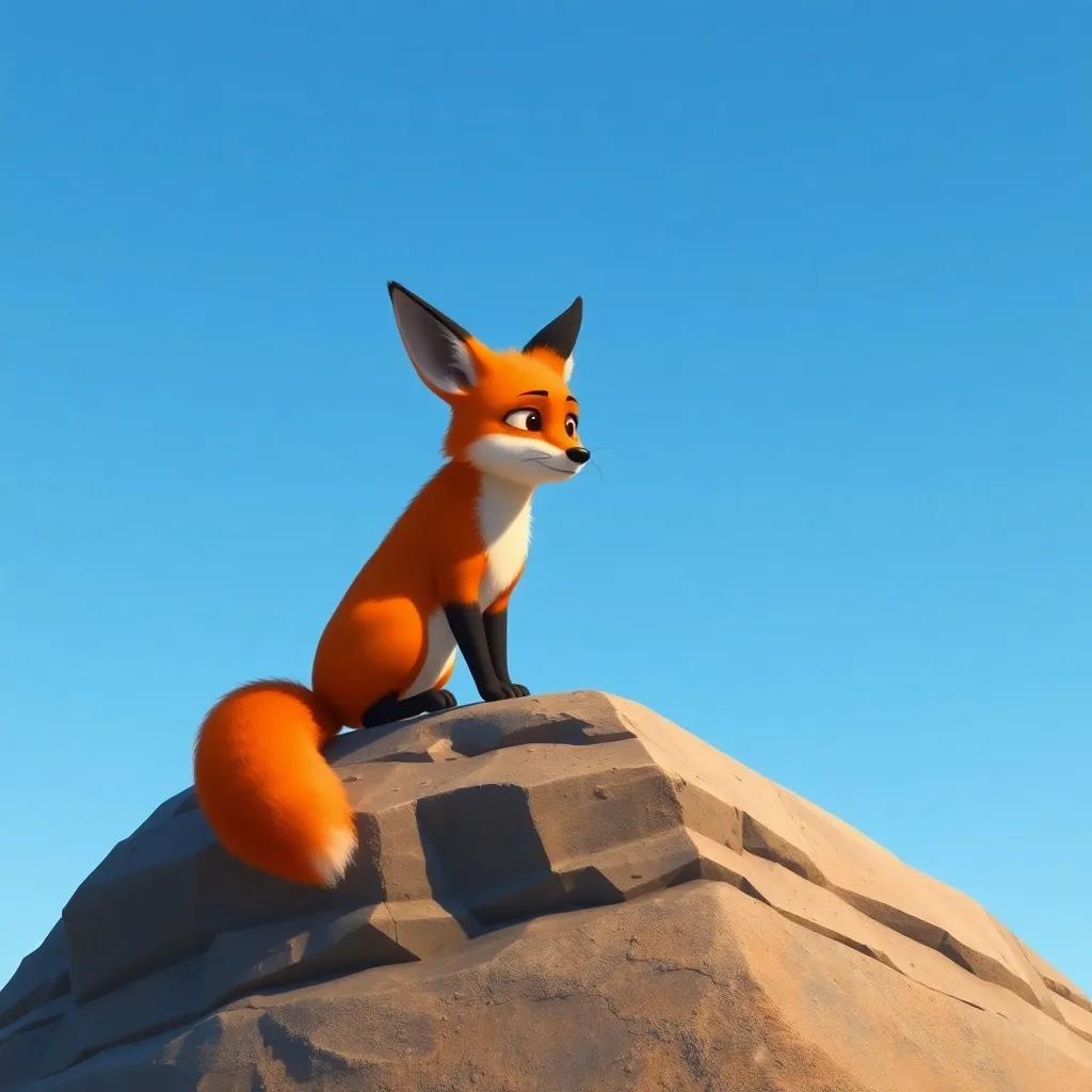 A fox sitting alone on a rock, looking sad and thoughtful, under a clear blue sky, metaphorical expression of reflection and change