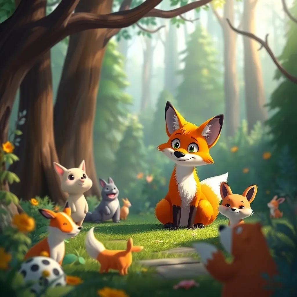A whimsical forest scene with the fox looking determined to change, surrounded by cheerful animals, bright colors, subtle magic in the air