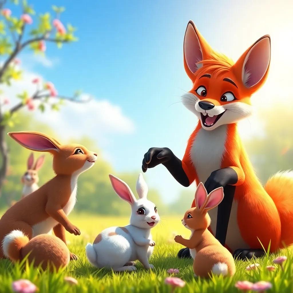 A transformed fox, now friendly and smiling, playing with rabbits, in a sunny clearing, capturing friendship and joy in vibrant colors