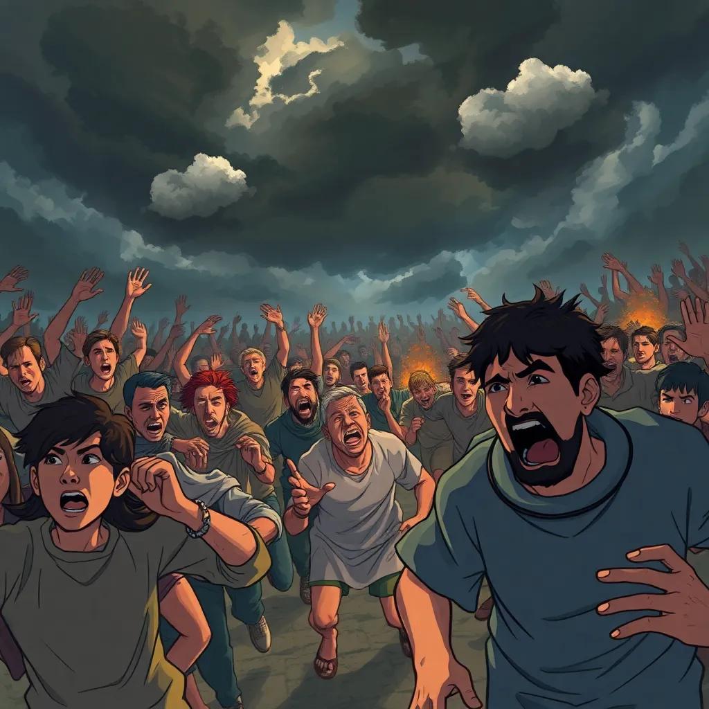 A chaotic scene of people in distress on the Day of Judgment, with fearful faces and running movements, dark clouds overhead, illustration, dramatic, heart-pounding atmosphere, high quality