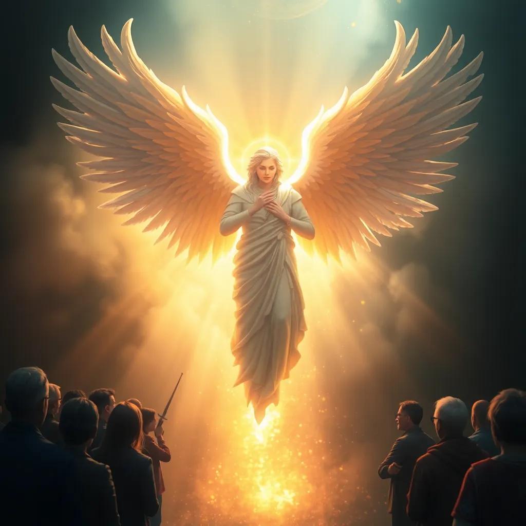 A majestic angel surrounded by bright light, speaking to people with hope, beautiful contrasts of light and dark, digital painting, uplifting, inspiring scene, highly detailed
