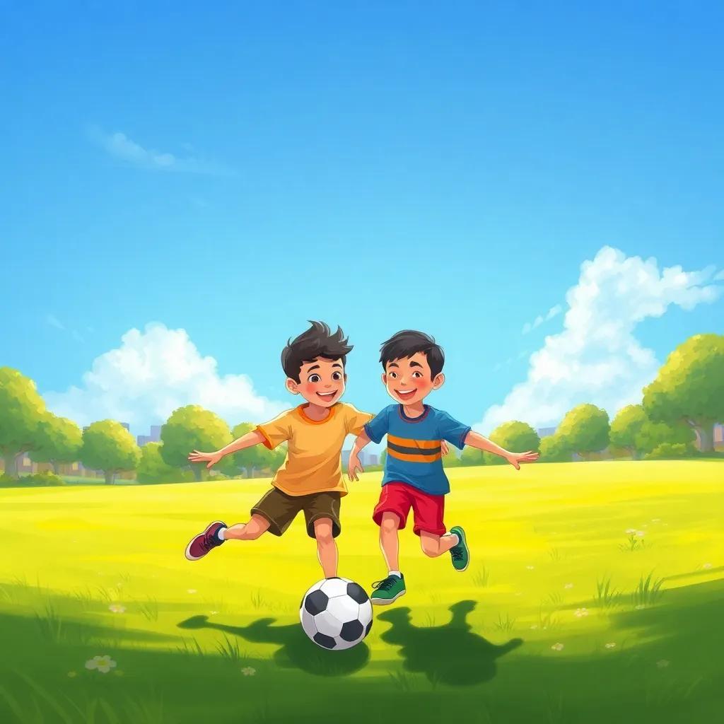 A sunny day in a park with two young boys, Ali and Saeed, playing soccer with a bright blue sky and green grass, cheerful atmosphere, digital art, colorful, inviting