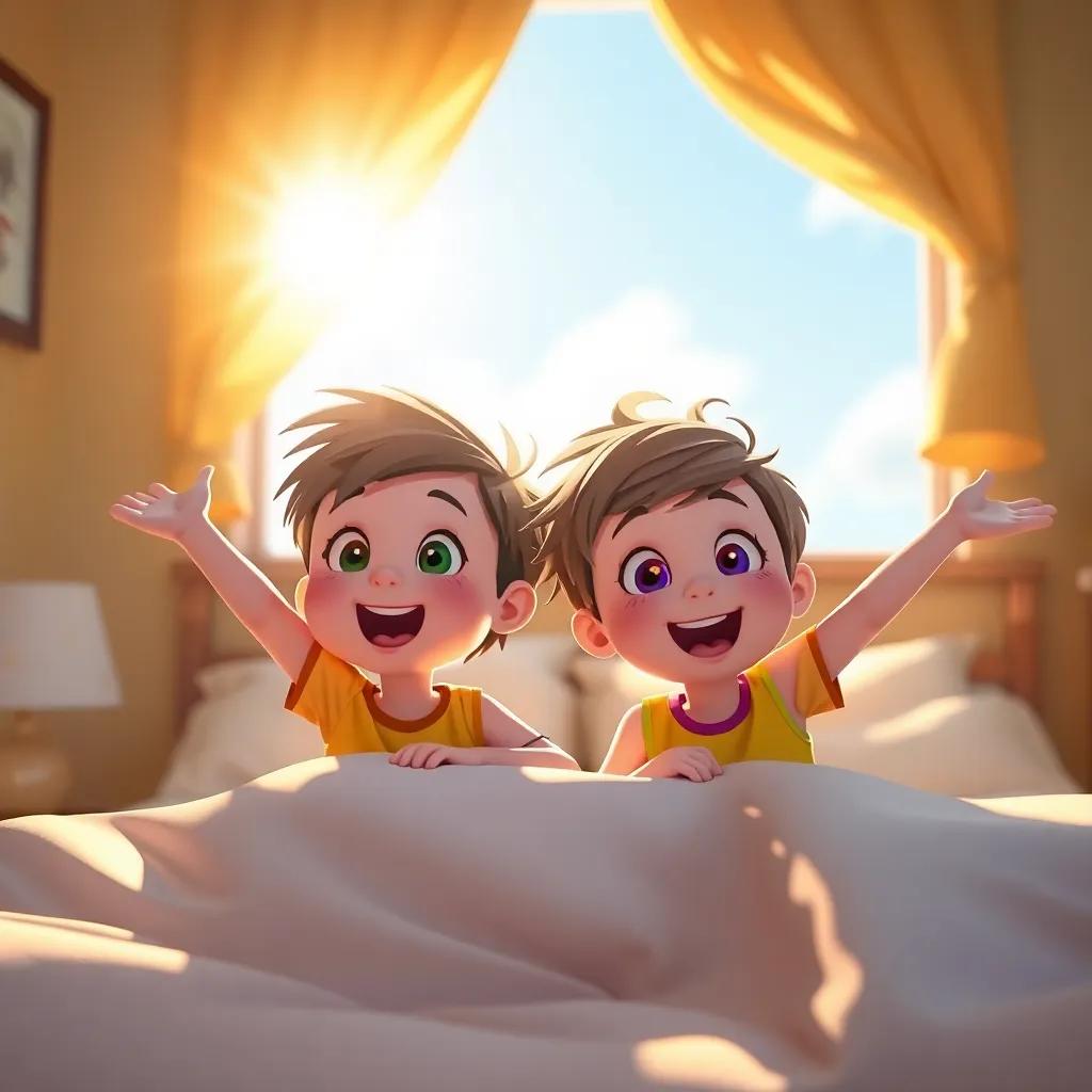 A scene of a bright sunny morning with two excited children, الجازي وسيف, getting out of bed, filled with dreams of play, warm light, cheerful atmosphere, high quality