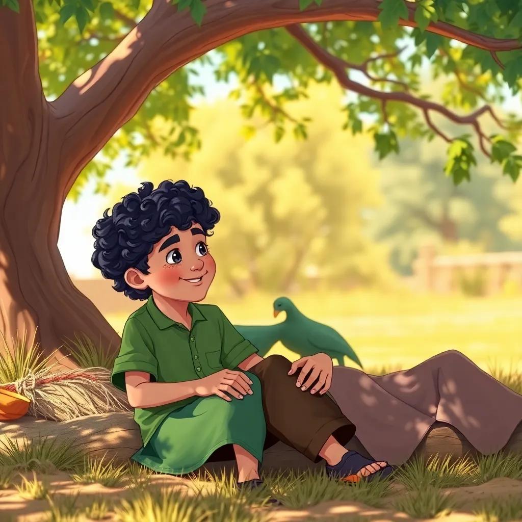Ahmed, a young Arab boy with curly black hair, wearing a green shirt and brown pants, sitting next to Saeed under the tree, listening with a smile and engaging in conversation, sunny day, warm light, friendly, inviting scene, digital illustration, colorful, high quality