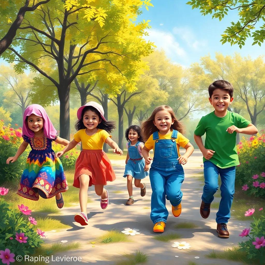 A group of children playing in a sunny park, including Dima, a young Arab girl wearing a colorful dress, Raqiya with a pink hat, Rahaf with a bright yellow t-shirt, Khadija wearing blue overalls, and Elias in a green shirt, running and laughing among trees and flowers, digital art, vibrant colors, joyful atmosphere, high quality