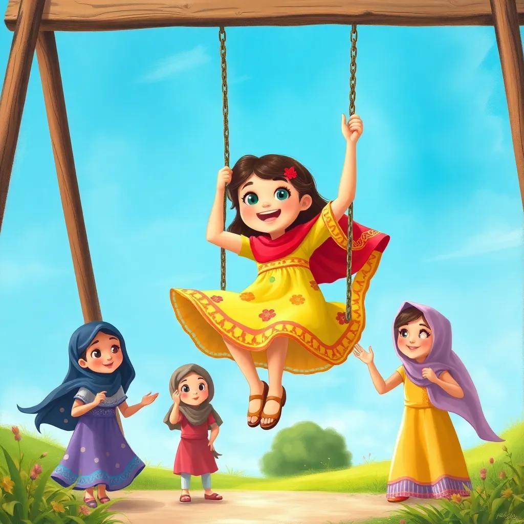 Dima, a young Arab girl in a colorful dress, swinging joyfully on a swing, surrounded by her friends Raqiya, Rahaf, Khadija, and Elias cheering for her, under a bright blue sky, illustration, cheerful, adventure-themed, child-friendly