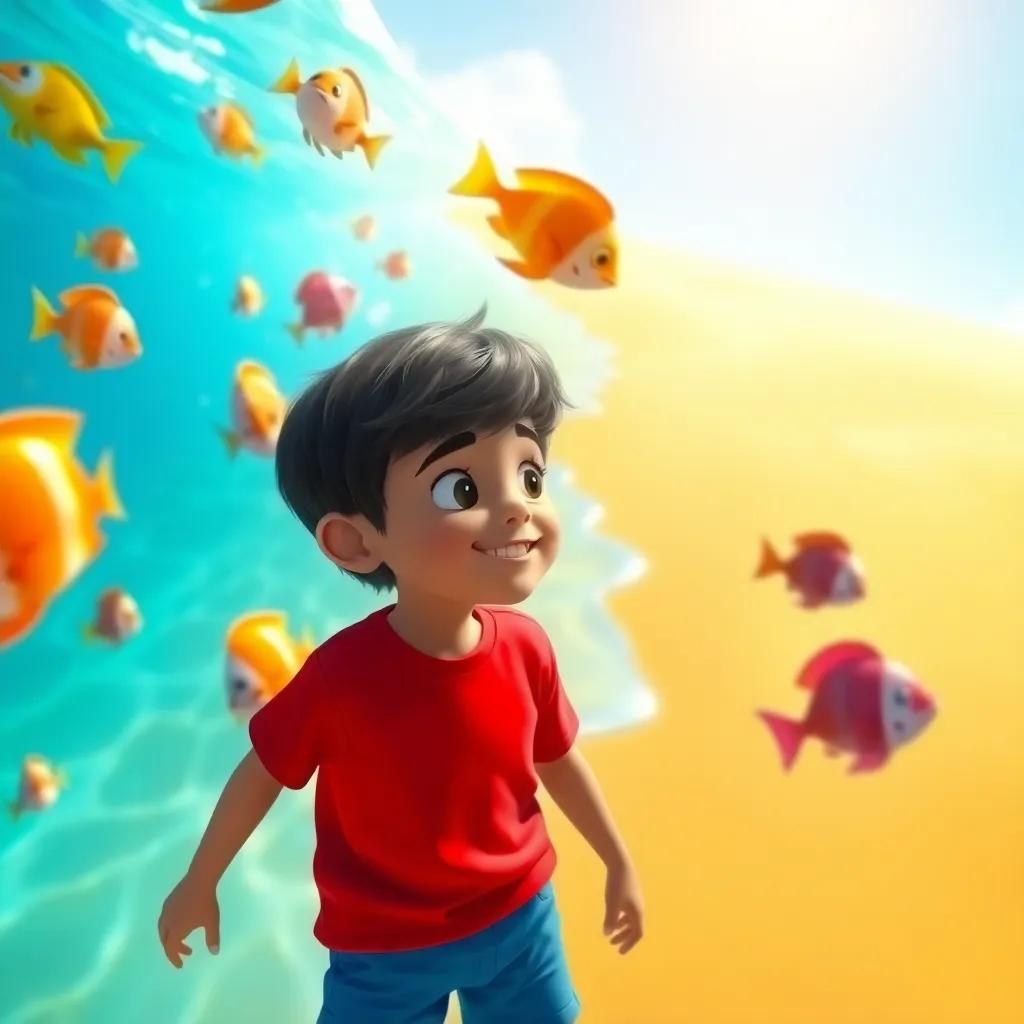A young Arab boy, Badi, with short black hair wearing a bright red t-shirt and blue shorts, standing on a sunny beach with golden sand, looking excitedly at colorful fish swimming in the clear blue water, digital art, vibrant colors, cheerful atmosphere, high quality