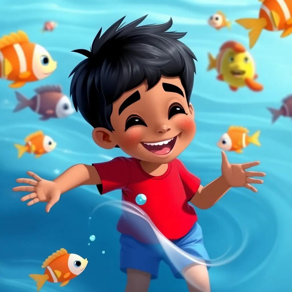 Badi, a young Arab boy with short black hair, wearing a bright red t-shirt and blue shorts, laughing and playing in the shallow waves, with colorful fish swimming around him, illustration, joyful, colorful scene, child-friendly