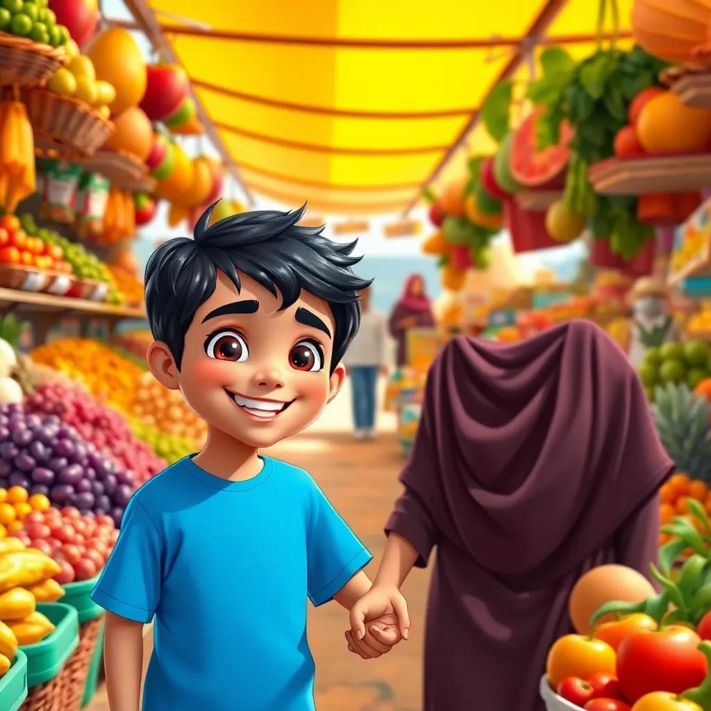 A happy Arab boy, Hamdan, with black hair wearing a bright blue t-shirt, holding hands with his mother in a vibrant market filled with fruits and vegetables, sunny day, cheerful atmosphere, colorful backdrop, lively scene, digital art, high quality