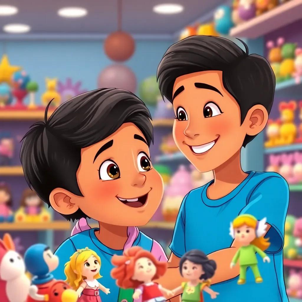 Hamdan, a happy Arab boy with black hair in a bright blue t-shirt, looking excitedly at colorful dolls in a toy shop, his mother smiling beside him, bright shop interior, colorful toys on display, joyful expression, warm lighting, illustration, child-friendly