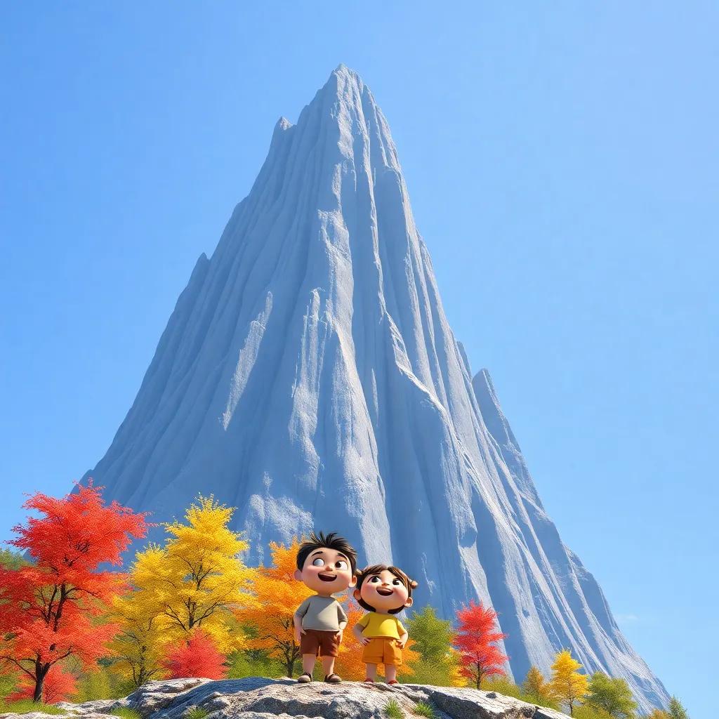 A tall mountain reaching the sky, with two child-friendly characters, Yajooj and Majooj, standing at the base looking excited, colorful trees around them, bright blue sky, cheerful atmosphere, high quality