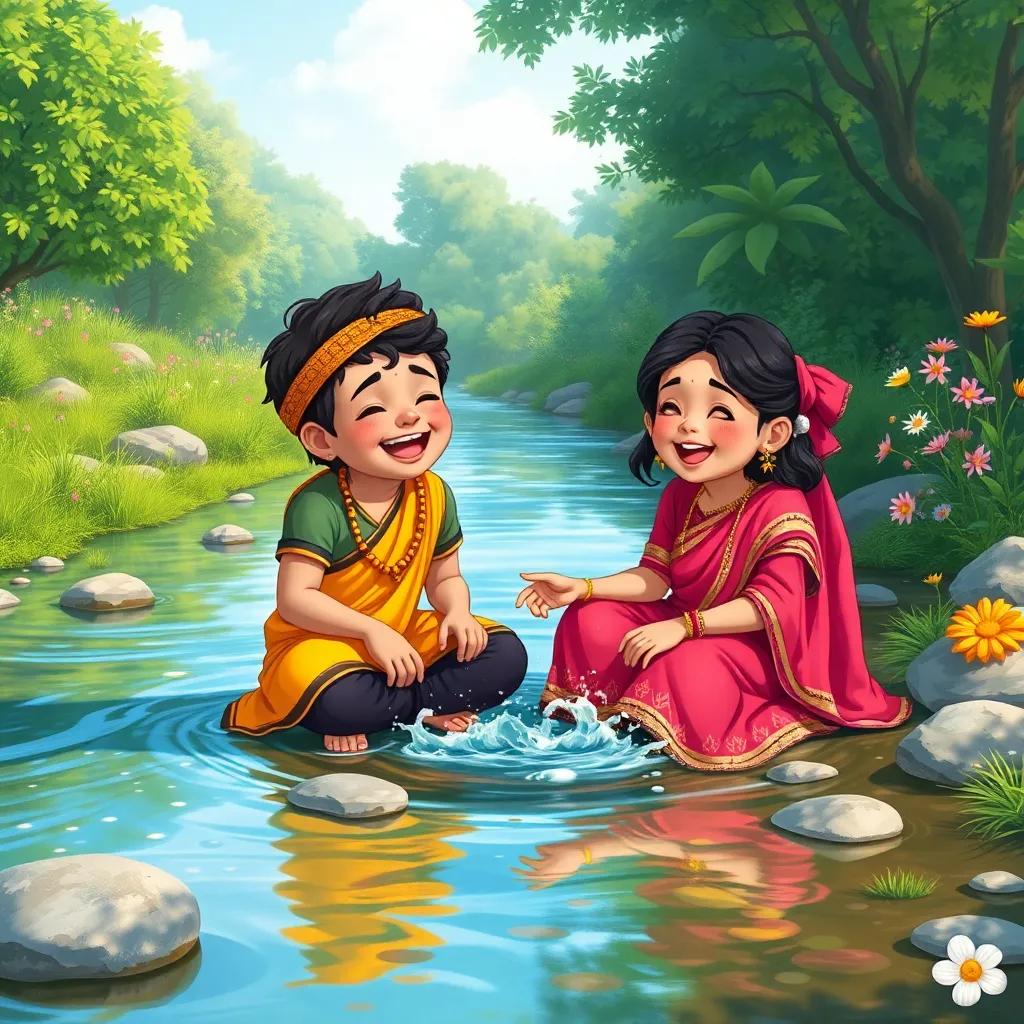 A small river flowing with clear water, Yajooj and Majooj sitting by the riverbank laughing and splashing water, surrounded by lush greenery and flowers, joyful scene, detailed illustration, vibrant colors, cheerful mood