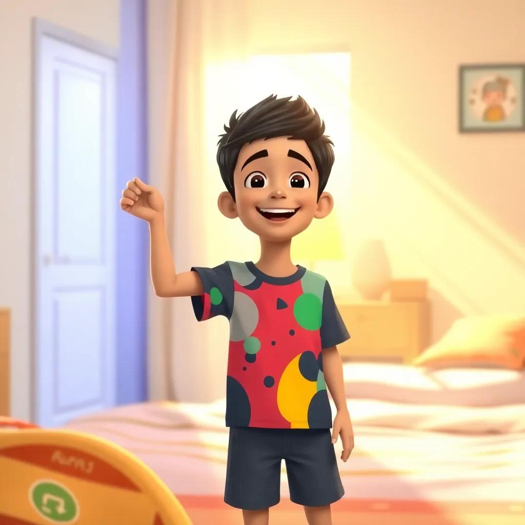 A happy young Arab boy, Abdul Rahman, with short black hair, wearing a colorful t-shirt and shorts, waking up in a bright bedroom with sunlight pouring in, joyful atmosphere, cheerful colors, warm light, high quality