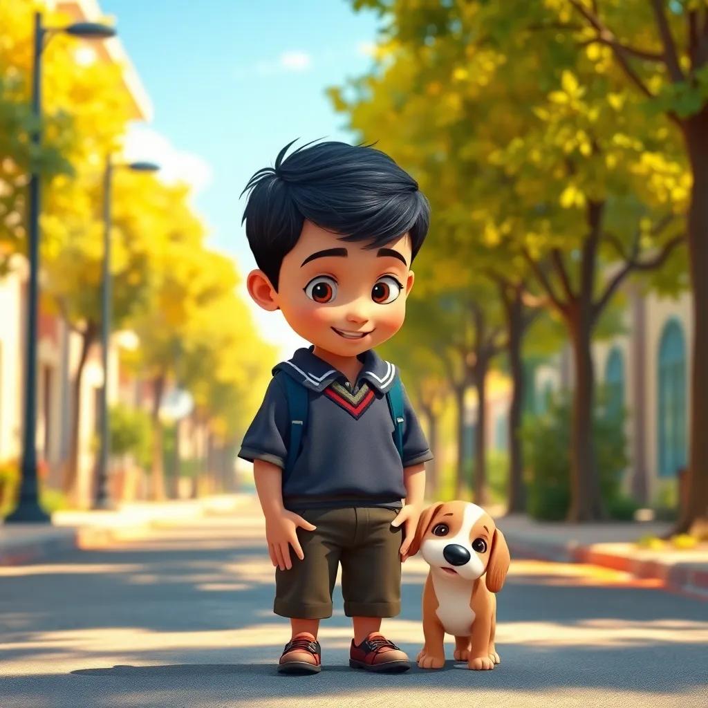 A young Arab boy, Hamad, with short black hair, wearing a school uniform, standing on a sunny street with trees, looking down at a small puppy, digital art, colorful scene, warm sunlight, cheerful perspective, high quality