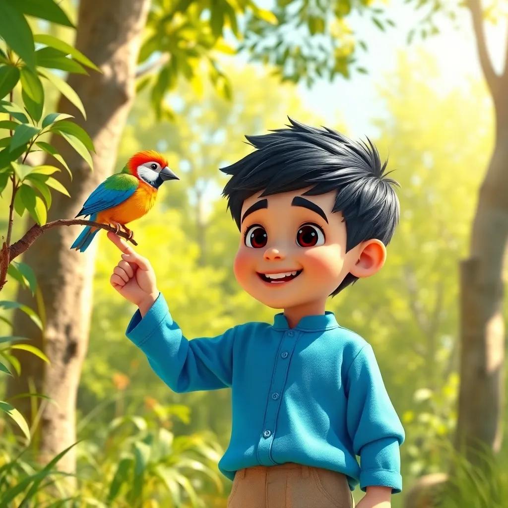 A young Arab boy, Sami, with short black hair wearing a bright blue shirt and beige shorts, standing in a sunny forest excitedly pointing at a colorful bird perched on a branch, smiling, vibrant greenery, cheerful atmosphere, digital art, high-quality.