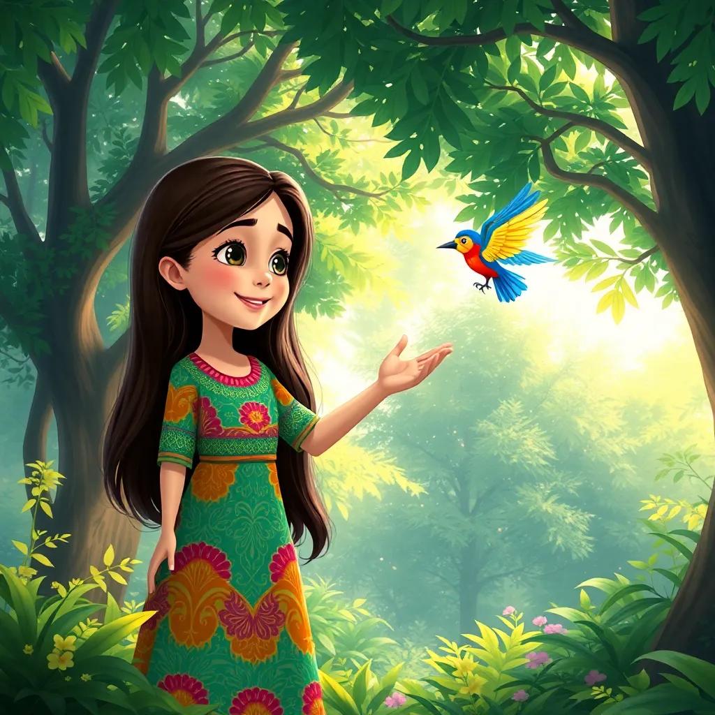 A young Arab girl, Mariam, with long, dark hair wearing a colorful dress, gently reaching towards a colorful bird in a lively forest full of green trees and sunlight filtering through the leaves, illustration, happy vibes, magical scene, high-quality.