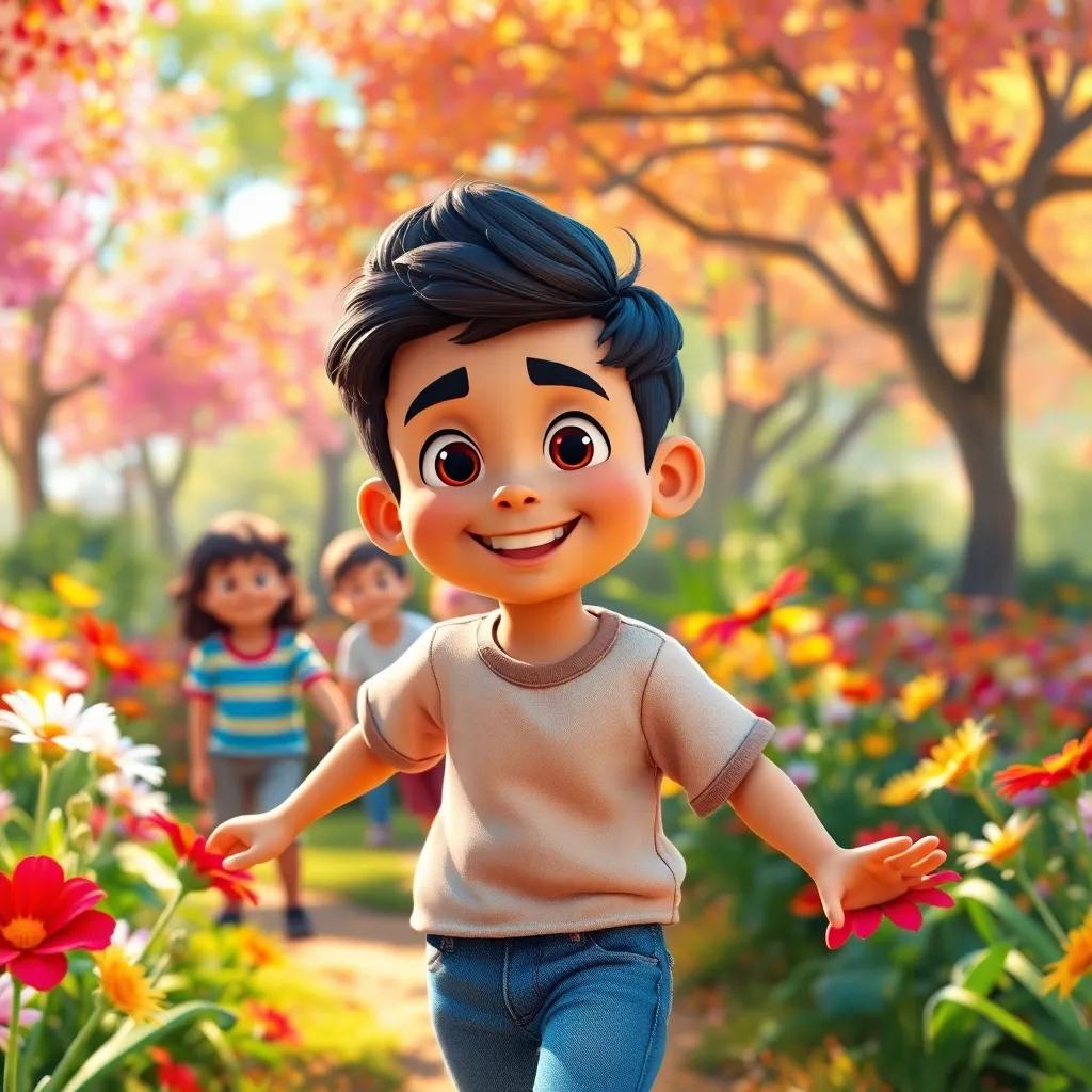 A cheerful boy named Khaled, a young Arab boy, with short black hair wearing a t-shirt and jeans, playing with friends in a vibrant garden full of colorful flowers and trees swaying in the sunlight, digital art, cheerful, bright and inviting atmosphere, high quality