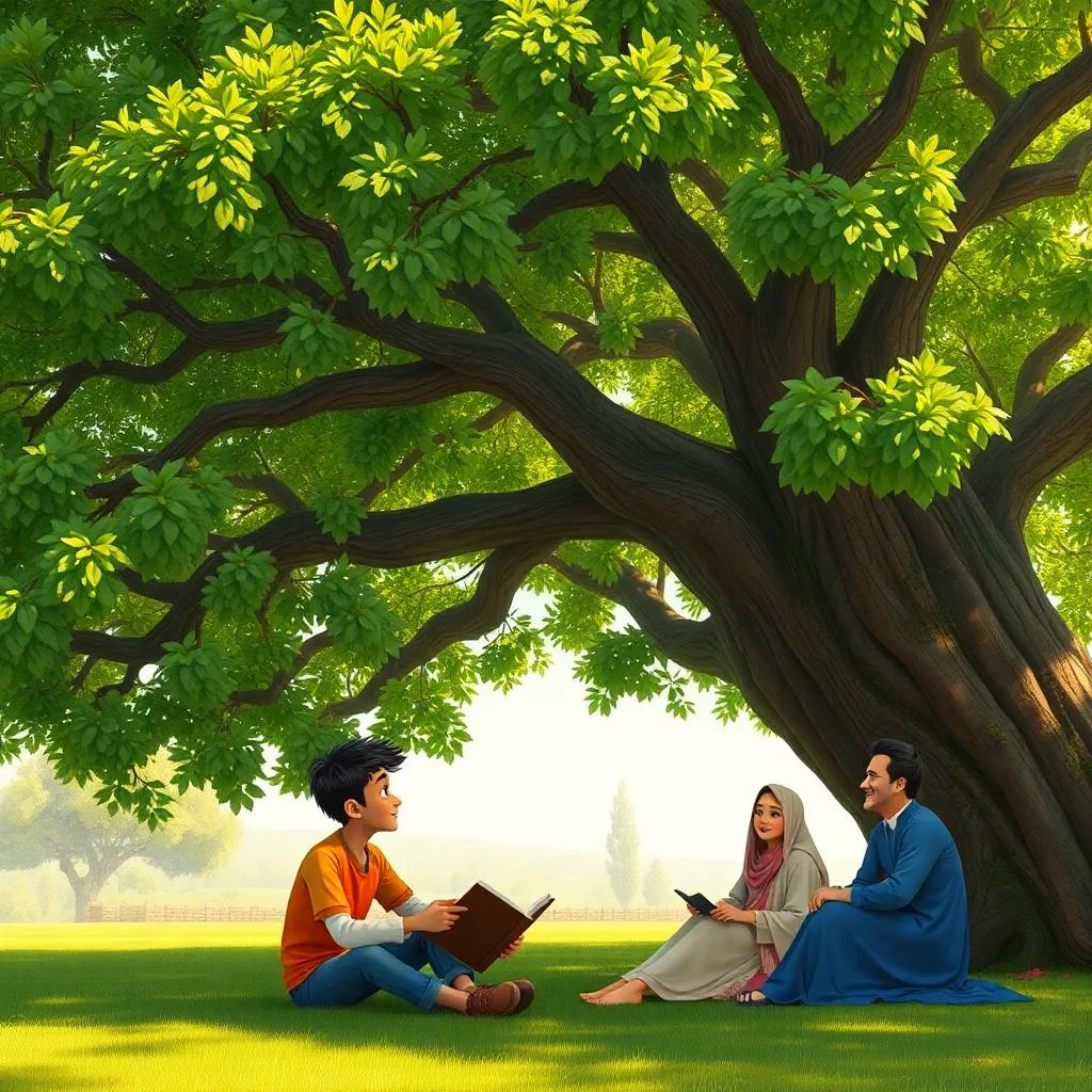 A big tree with lush green leaves, Khaled, a young Arab boy with short black hair in casual clothes, sitting under the tree with his friends sharing stories, while a smiling father and mother watch from a distance, lovely day, warm light, peaceful setting, high quality