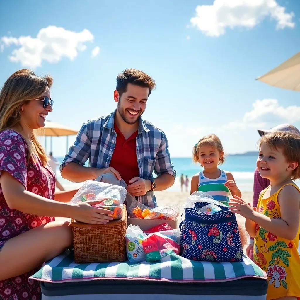 A happy family preparing for a beach trip, mother packing food, father getting supplies, excited children around, sunny morning, digital art, vibrant colors, joyful atmosphere