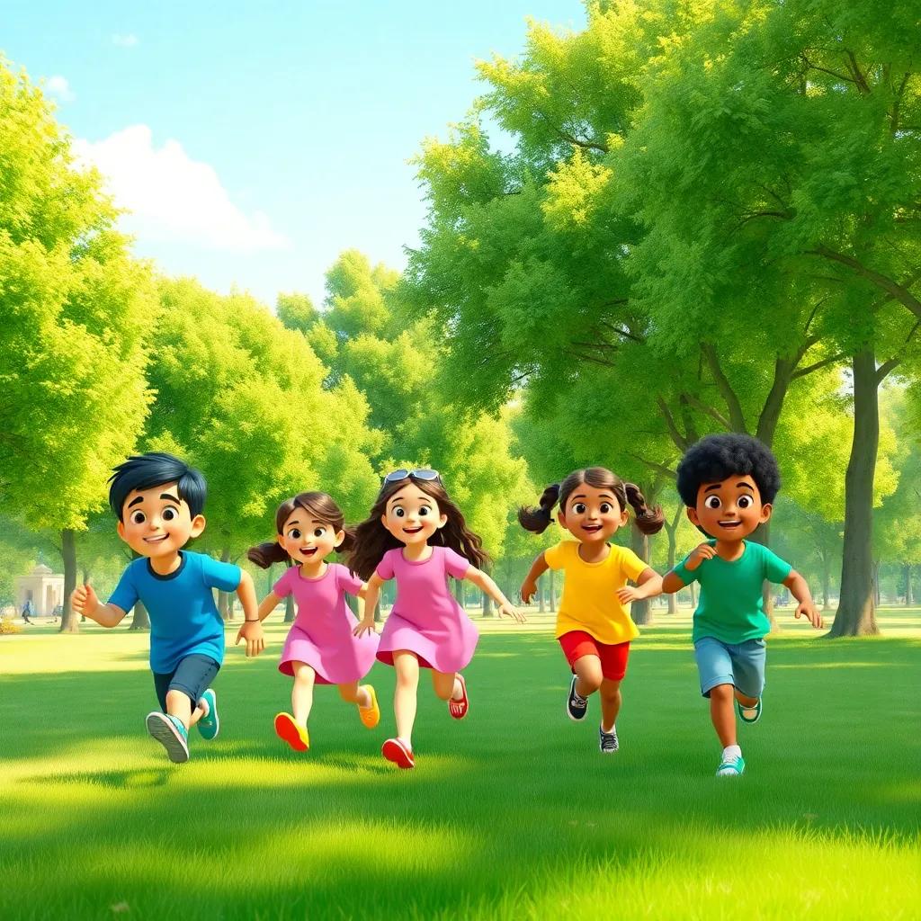 A joyful scene in a sunny park, four children: Islam, a young Arab boy with short hair wearing a blue t-shirt, Shaimaa, a young Arab girl with braided hair in a pink dress, Ritaaj, a young Arab girl with shoulder-length hair in a yellow top, Bilal, a young Arab boy with curly hair in a green shirt, running towards large green trees, vibrant colors, cheerful atmosphere, high quality