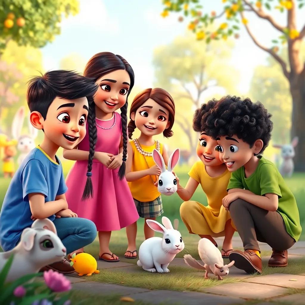 A beautiful park scene with colorful animals, Islam, a young Arab boy with short hair in a blue t-shirt, Shaimaa, a young Arab girl with braided hair in a pink dress, Ritaaj, a young Arab girl with shoulder-length hair in a yellow top, and Bilal, a young Arab boy with curly hair in a green shirt, gathered around a small white rabbit, excitement on their faces, bright and playful colors, heartwarming moment, high quality