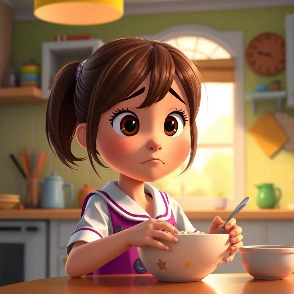 A young girl, Sarah, with brown hair, wearing a new school uniform, looking excited and nervous in a colorful breakfast kitchen, hurriedly eating oatmeal, warm morning light, vibrant colors, excited atmosphere, child-friendly