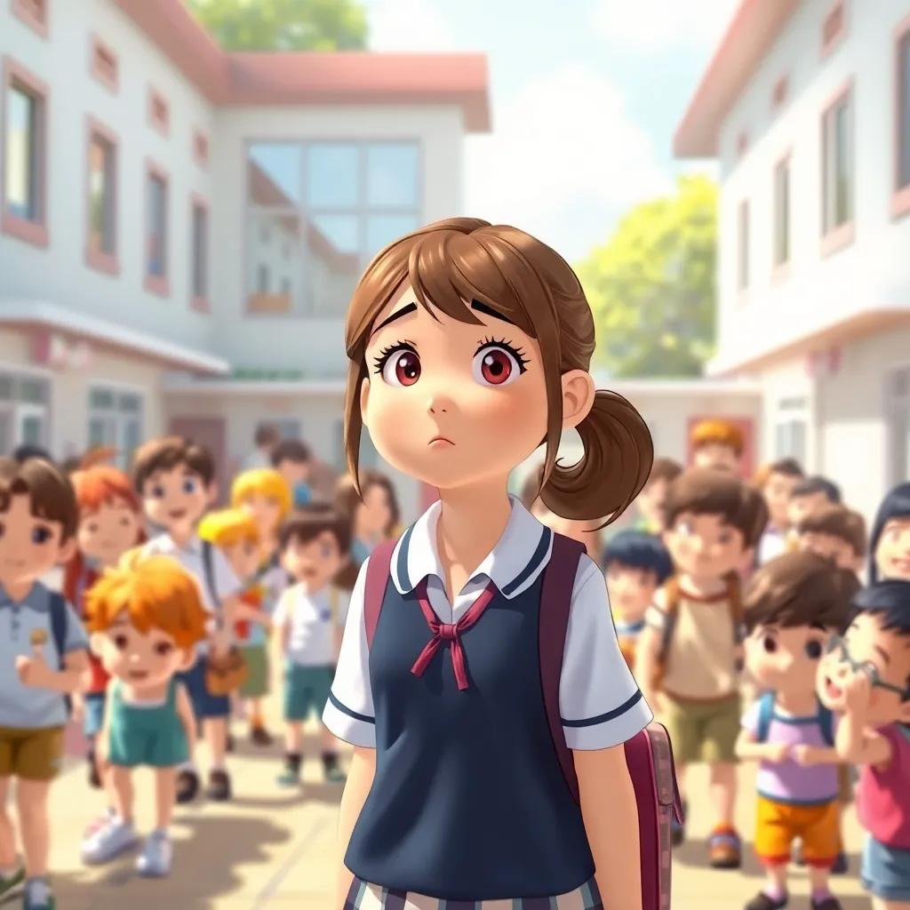 A young girl, Sarah, with brown hair in a new school uniform, standing in a bustling school courtyard surrounded by children, looking a bit confused, bright sunny day, cheerful atmosphere, child-friendly, warm colors