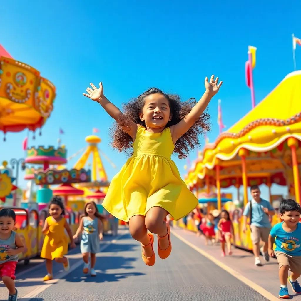 A young Arab girl, ليلى, with curly hair and wearing a bright dress, jumping joyfully in a sunny amusement park, surrounded by colorful rides and smiling children, digital art, vibrant colors, cheerful atmosphere, high quality