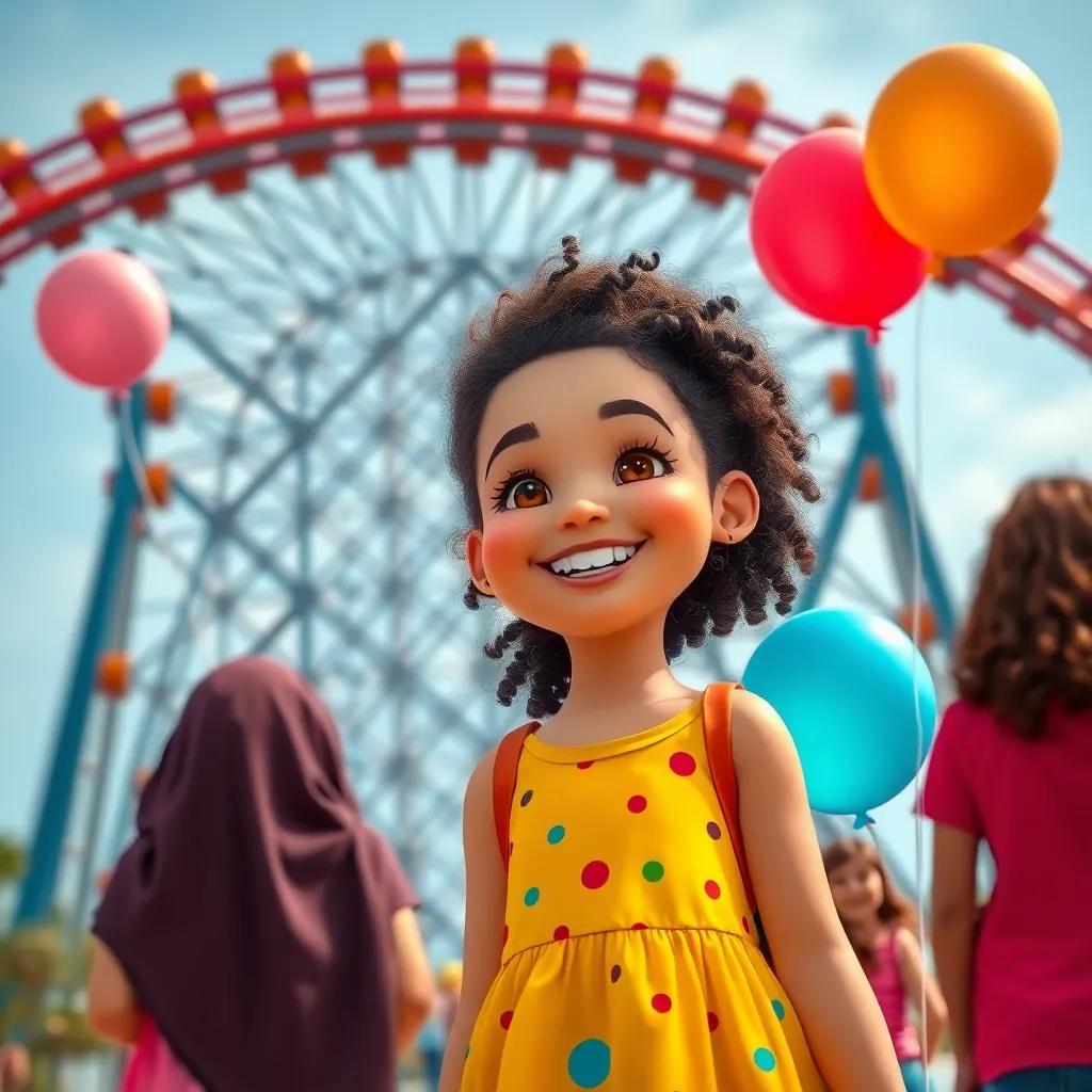 A young Arab girl, ليلى, with curly hair and bright dress, smiling with her friends in front of a giant roller coaster, balloons in hand, excitement in the air, illustration, fun, child-friendly, high quality